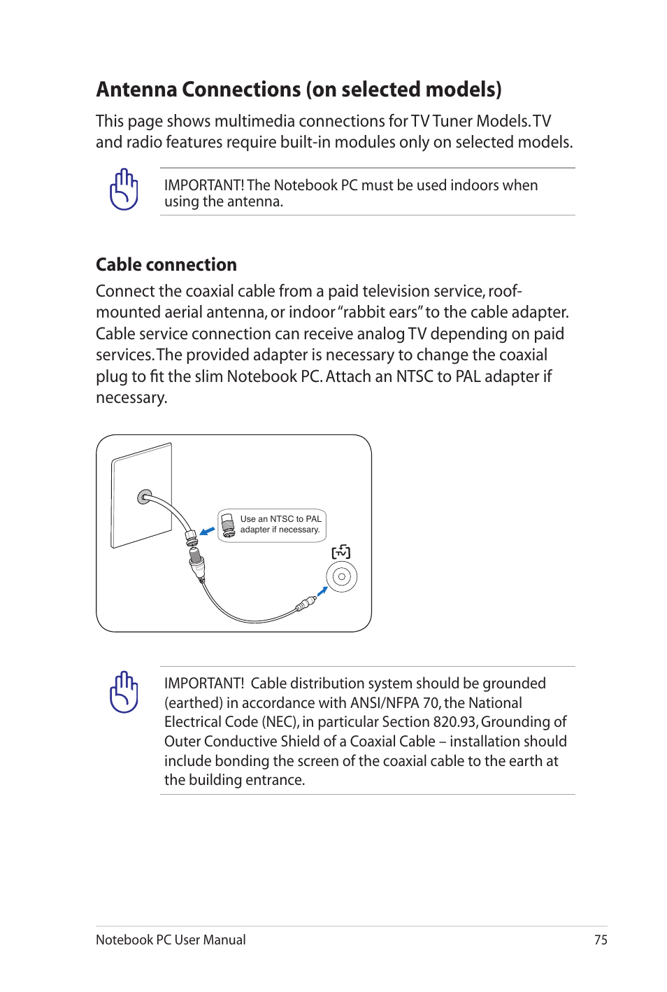 Antenna connections (on selected models), Cable connection | Asus G60J User Manual | Page 75 / 114