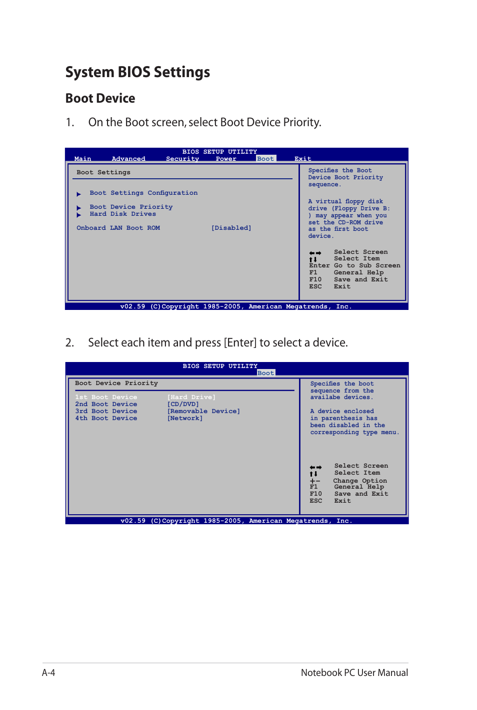 System bios settings, Boot device, On the boot screen, select boot device priority | Asus G60J User Manual | Page 80 / 114