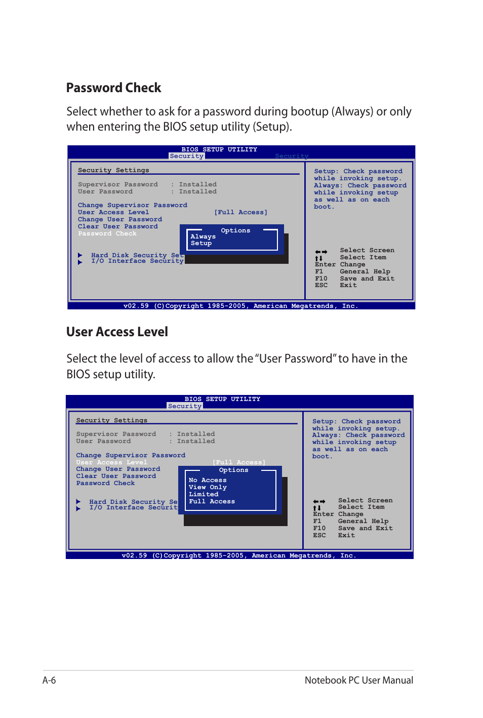 Password check, User access level | Asus G60J User Manual | Page 82 / 114