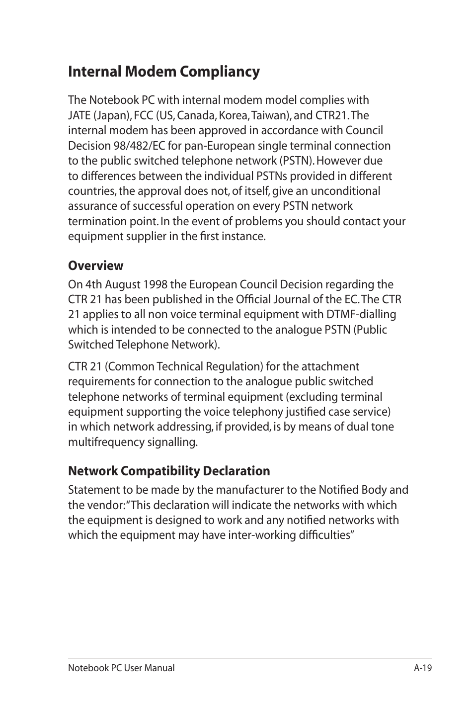 Internal modem compliancy | Asus G60J User Manual | Page 95 / 114