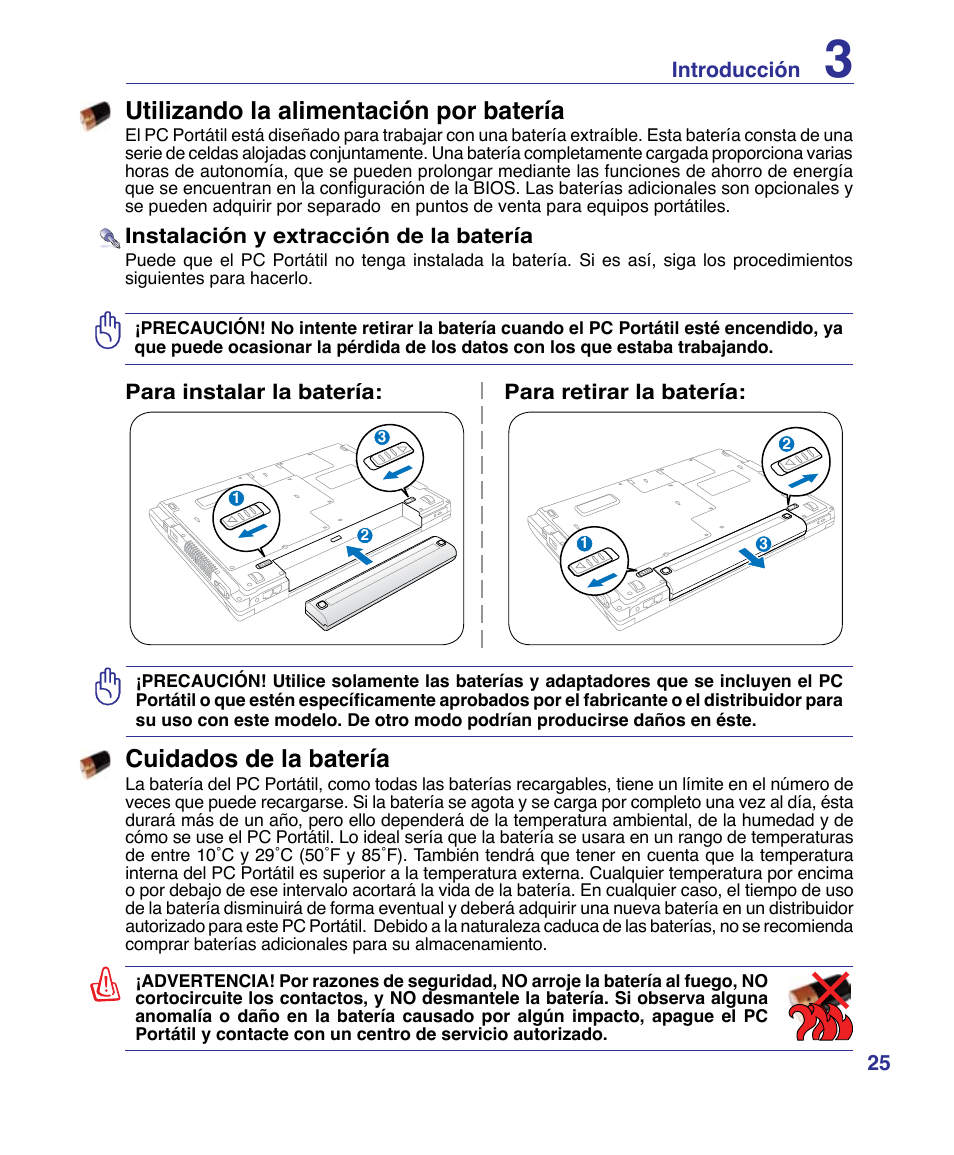 Cuidados de la batería, Utilizando la alimentación por batería | Asus P80A User Manual | Page 25 / 82