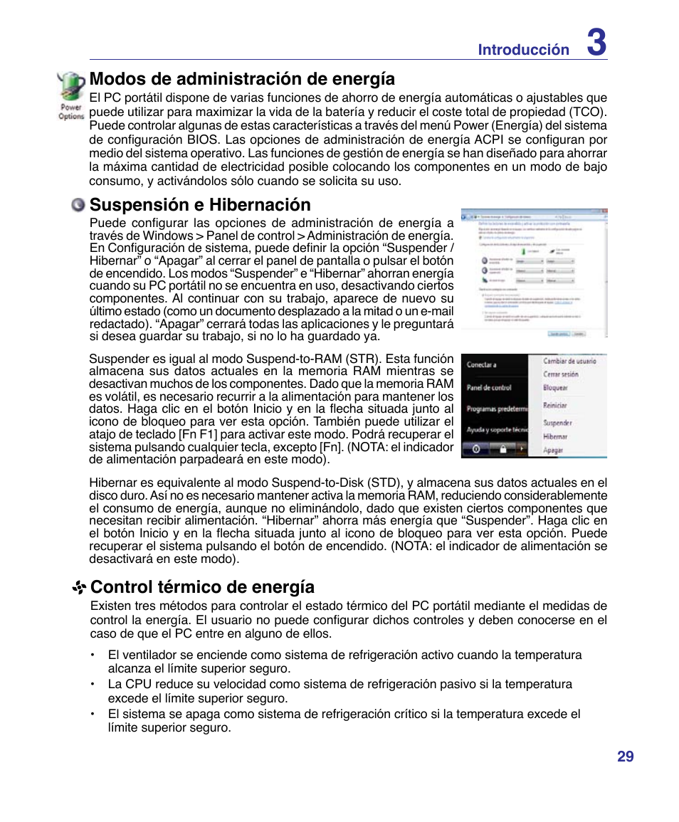 Control térmico de energía, Suspensión e hibernación, Modos de administración de energía | Asus P80A User Manual | Page 29 / 82