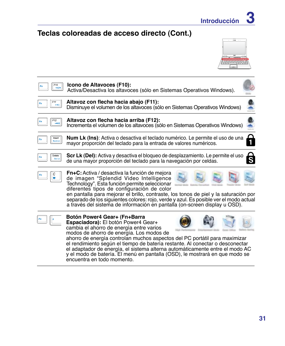 Teclas coloreadas de acceso directo (cont.) | Asus P80A User Manual | Page 31 / 82