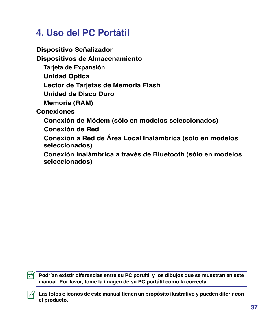 Uso del pc portátil | Asus P80A User Manual | Page 37 / 82