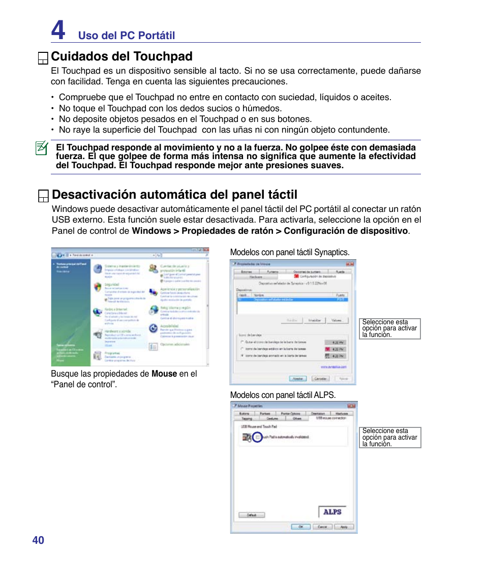 Cuidados del touchpad, Desactivación automática del panel táctil | Asus P80A User Manual | Page 40 / 82