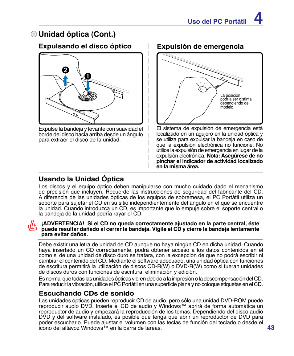 Unidad óptica (cont.) | Asus P80A User Manual | Page 43 / 82