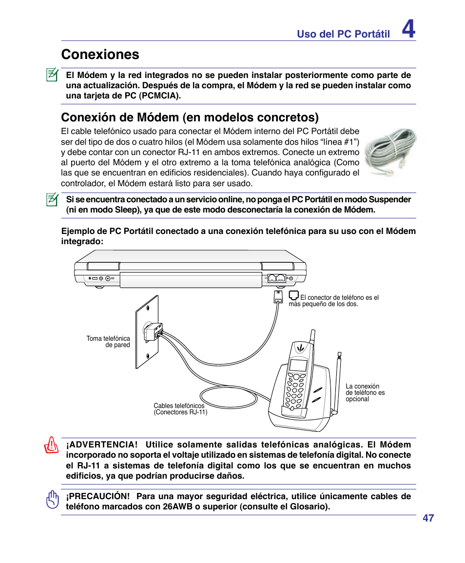 Conexiones, Conexión de módem (en modelos concretos) | Asus P80A User Manual | Page 47 / 82