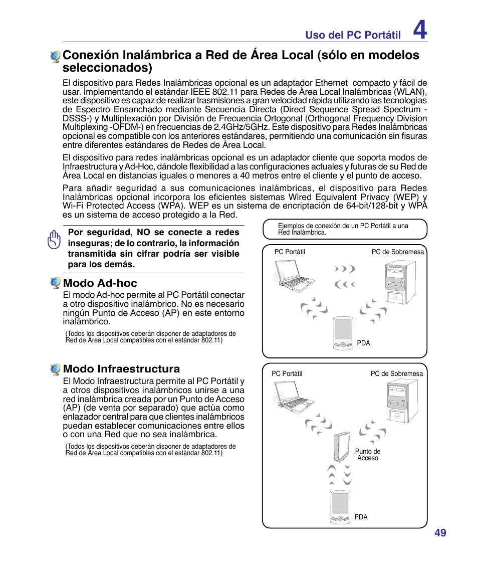 49 uso del pc portátil, Modo ad-hoc, Modo infraestructura | Asus P80A User Manual | Page 49 / 82