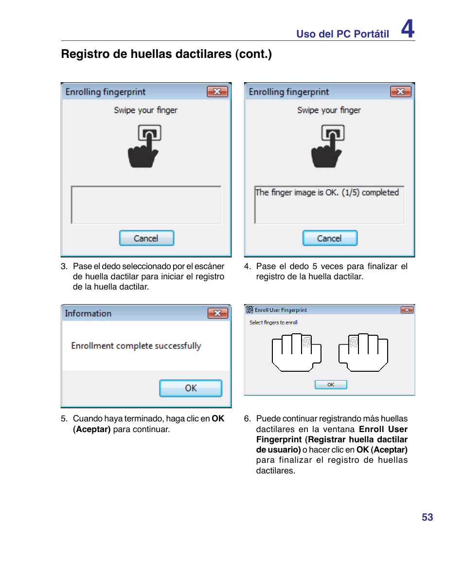 Registro de huellas dactilares (cont.) | Asus P80A User Manual | Page 53 / 82