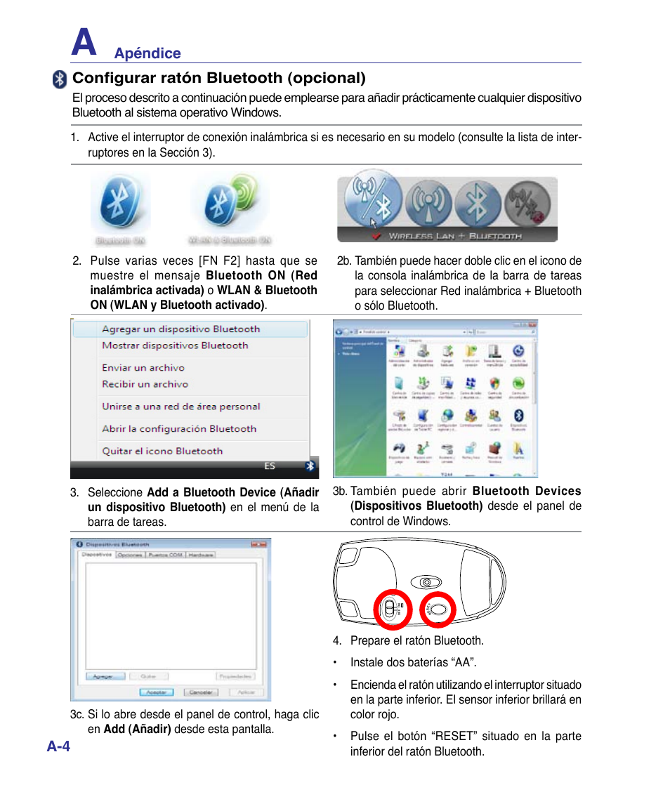 Apéndice a, Configurar ratón bluetooth (opcional) | Asus P80A User Manual | Page 58 / 82