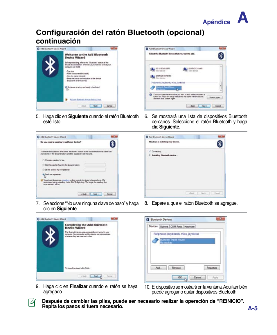Configuración del ratón bluetooth (opcional), Continuación | Asus P80A User Manual | Page 59 / 82