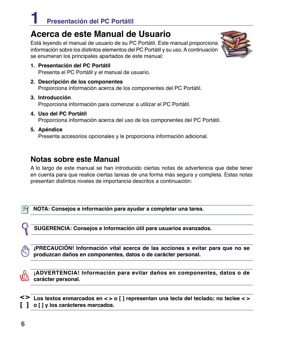 Acerca de este manual de usuario, Notas sobre este manual | Asus P80A User Manual | Page 6 / 82