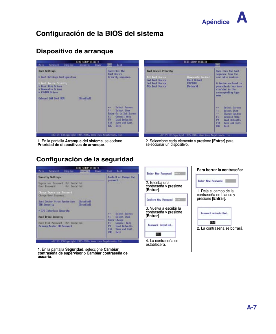 Configuración de la bios del sistema, Apéndice, Dispositivo de arranque | Configuración de la seguridad | Asus P80A User Manual | Page 61 / 82