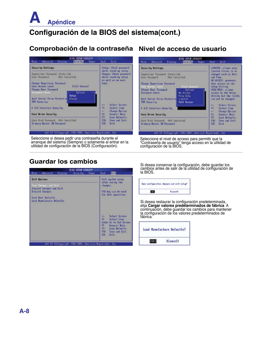 Configuración de la bios del sistema(cont.) | Asus P80A User Manual | Page 62 / 82