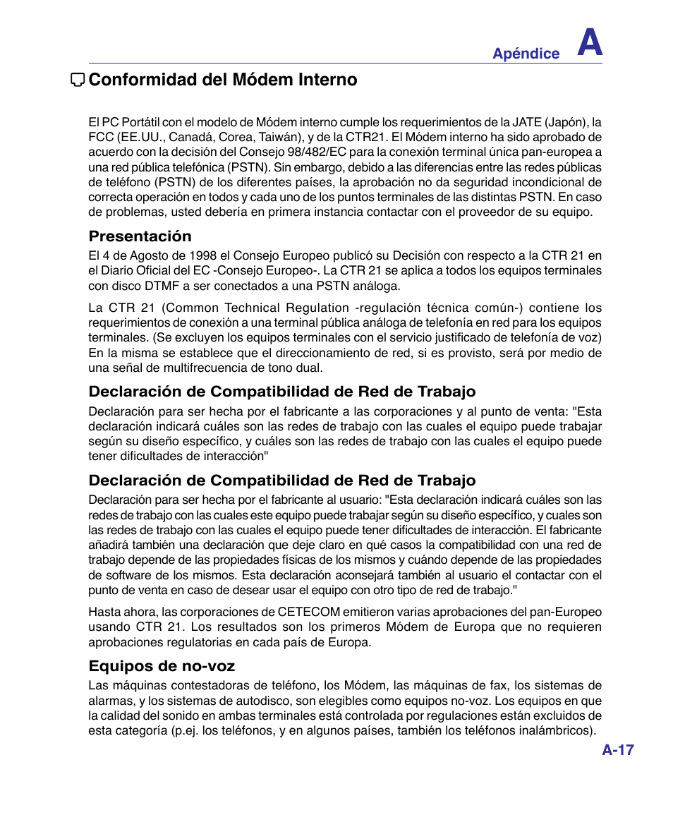 Conformidad del módem interno | Asus P80A User Manual | Page 71 / 82