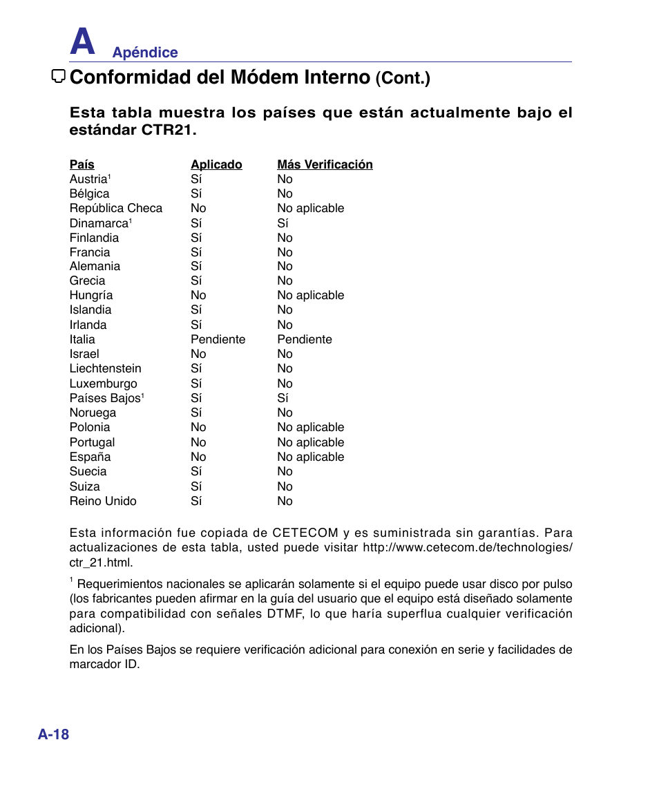 Conformidad del módem interno, Cont.) | Asus P80A User Manual | Page 72 / 82