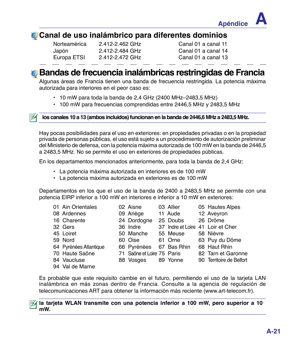 Canal de uso inalámbrico para diferentes dominios | Asus P80A User Manual | Page 75 / 82