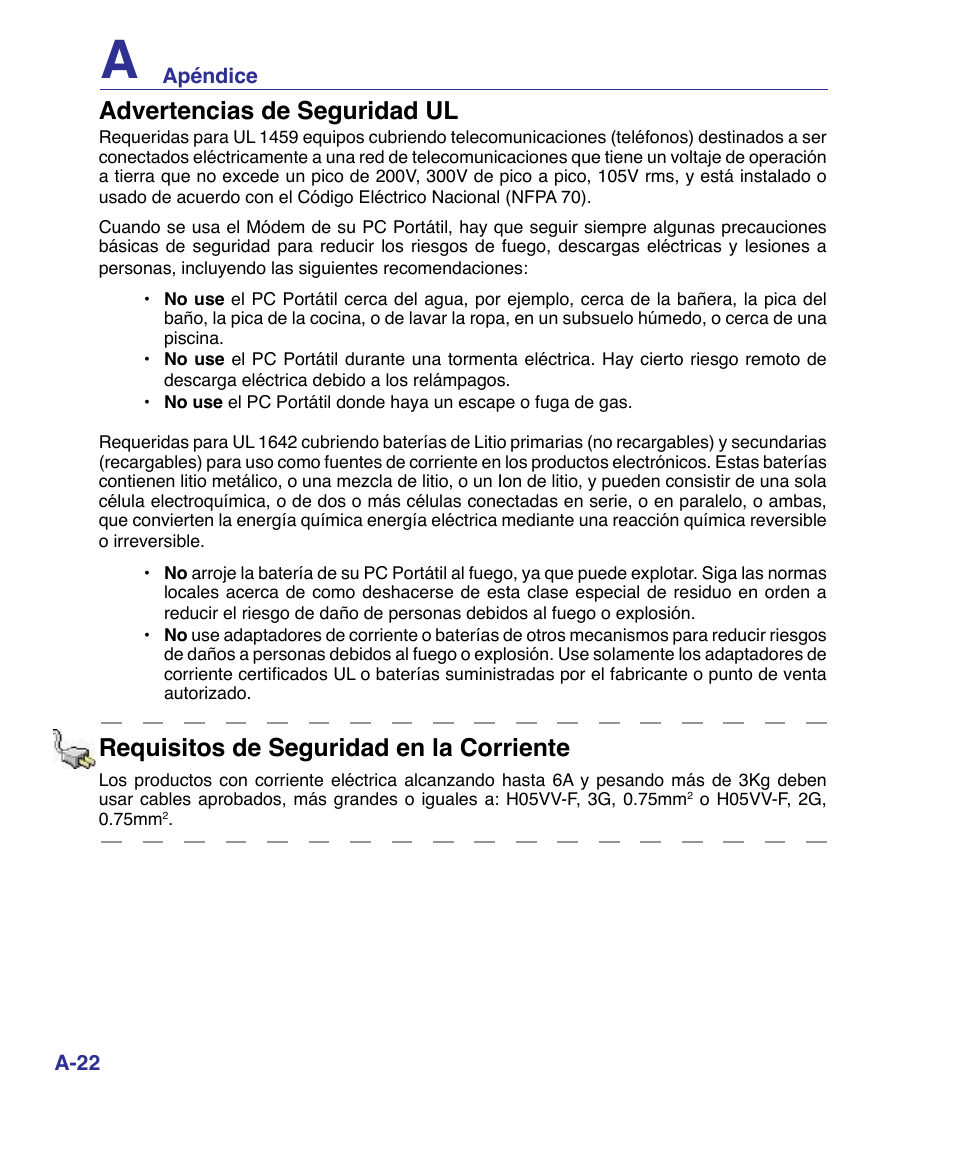 Advertencias de seguridad ul, Requisitos de seguridad en la corriente | Asus P80A User Manual | Page 76 / 82
