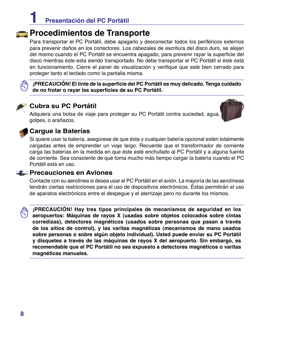 Procedimientos de transporte | Asus P80A User Manual | Page 8 / 82