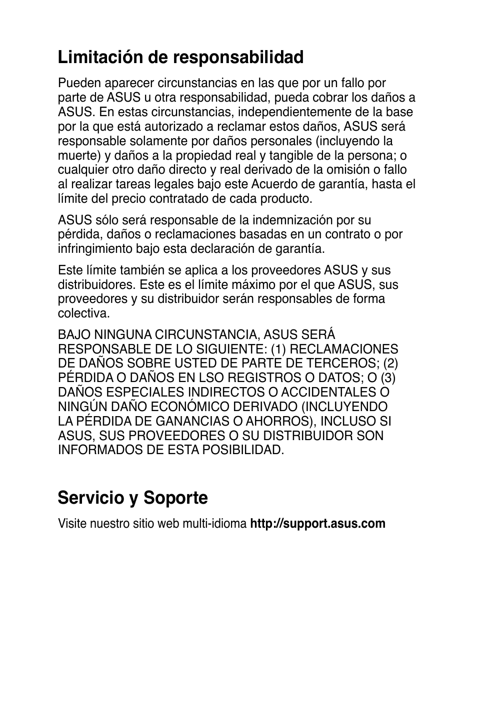 Limitación de responsabilidad, Servicio y soporte | Asus P80A User Manual | Page 82 / 82