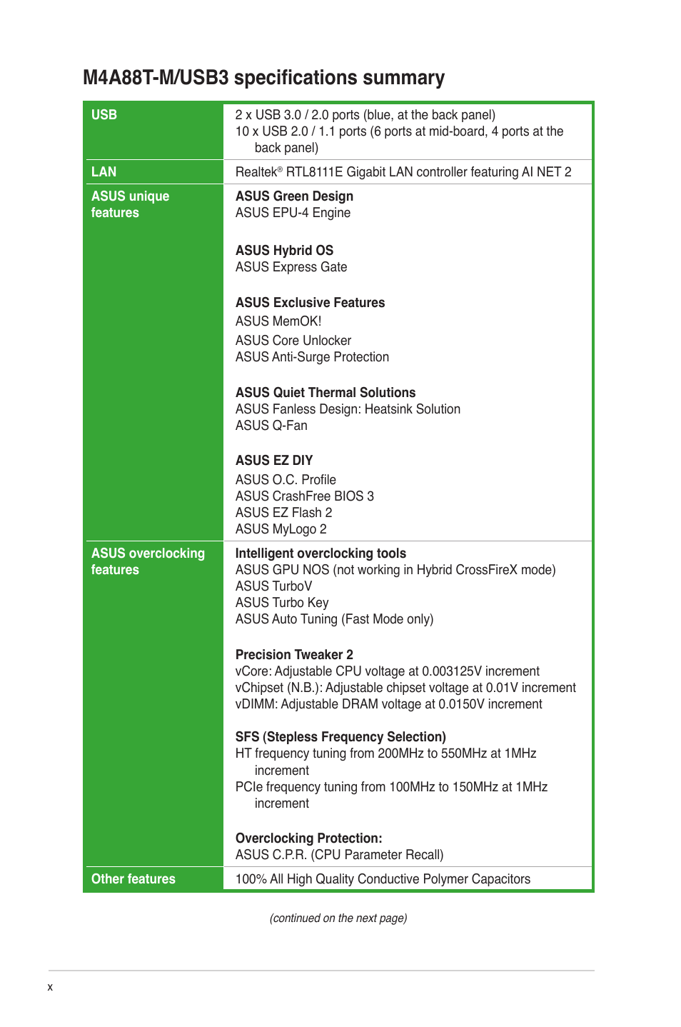 M4a88t-m/usb3 specifications summary | Asus M4A88T-M/USB3 User Manual | Page 10 / 68