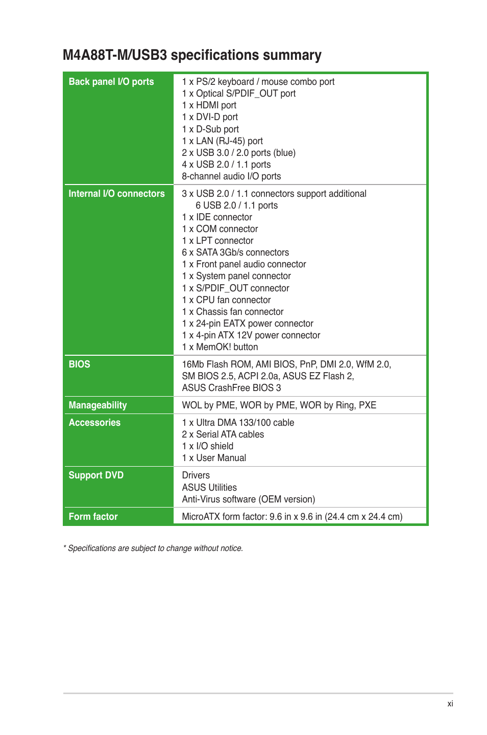 M4a88t-m/usb3 specifications summary | Asus M4A88T-M/USB3 User Manual | Page 11 / 68