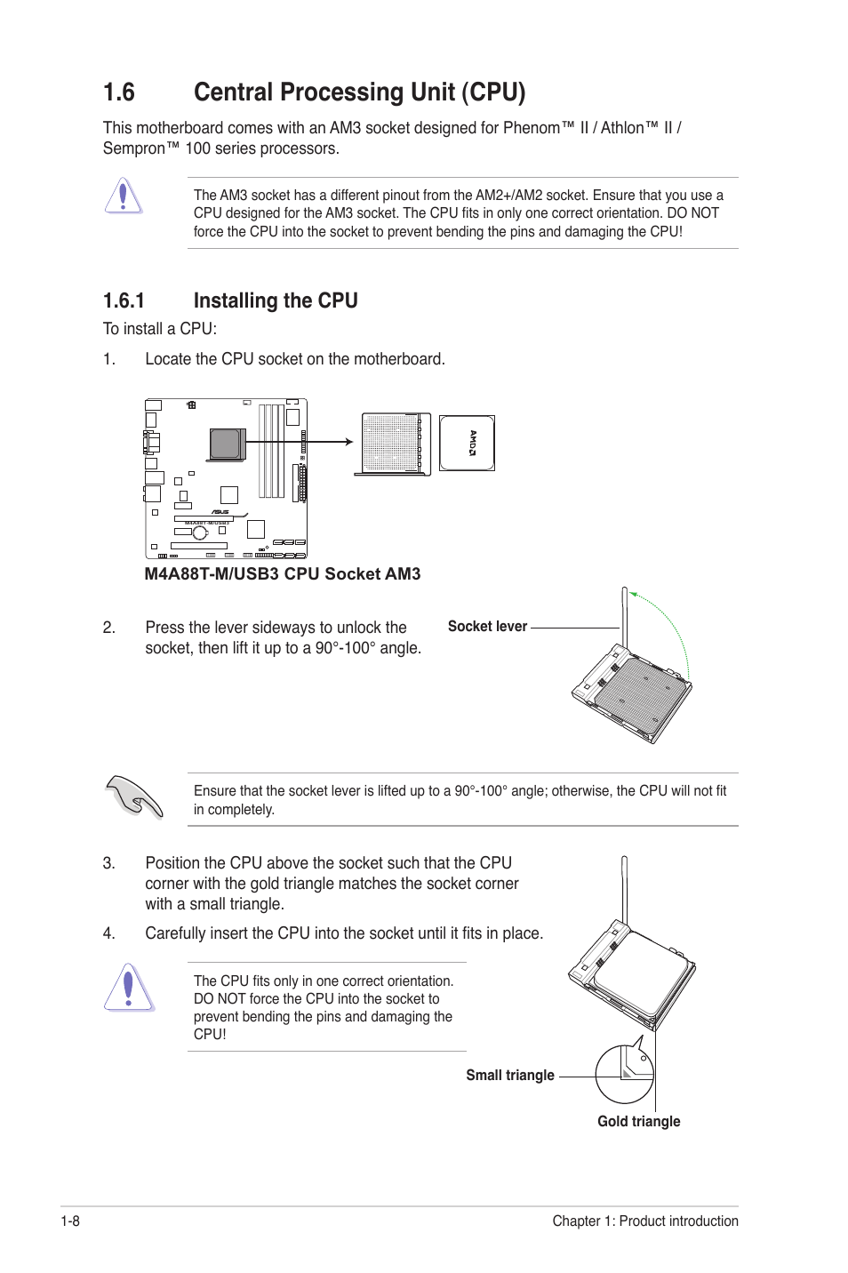 6 central processing unit (cpu), 1 installing the cpu, Central processing unit (cpu) -8 1.6.1 | Installing the cpu -8 | Asus M4A88T-M/USB3 User Manual | Page 20 / 68