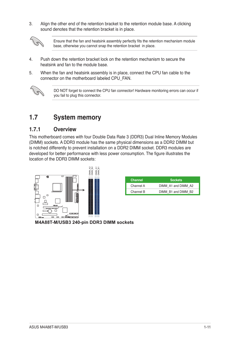 7 system memory, 1 overview, System memory -11 1.7.1 | Overview -11 | Asus M4A88T-M/USB3 User Manual | Page 23 / 68