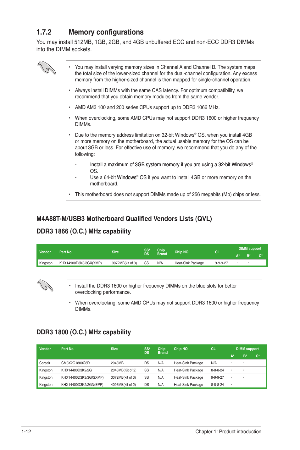 2 memory configurations, Memory configurations -12 | Asus M4A88T-M/USB3 User Manual | Page 24 / 68