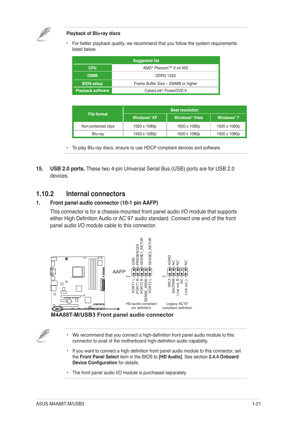 2 internal connectors, 2 internal connectors -21, M4a88t-m/usb3 front panel audio connector | Asus M4A88T-M/USB3 User Manual | Page 33 / 68