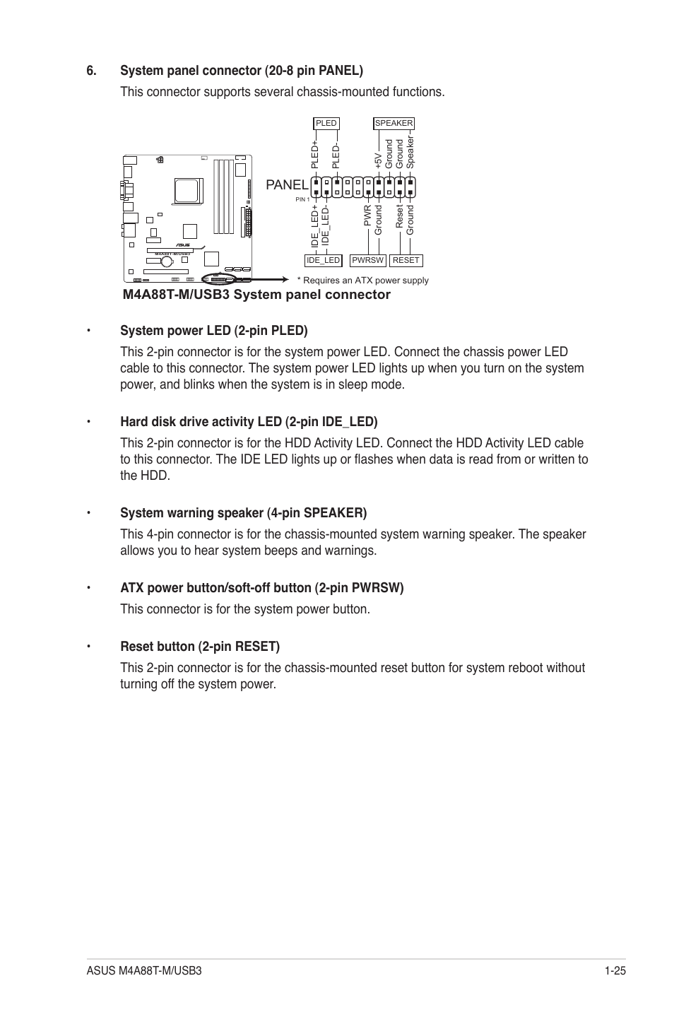 Panel, M4a88t-m/usb3 system panel connector | Asus M4A88T-M/USB3 User Manual | Page 37 / 68