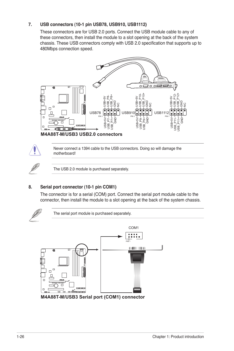 The serial port module is purchased separately, Chapter 1: product introduction 1-26 | Asus M4A88T-M/USB3 User Manual | Page 38 / 68