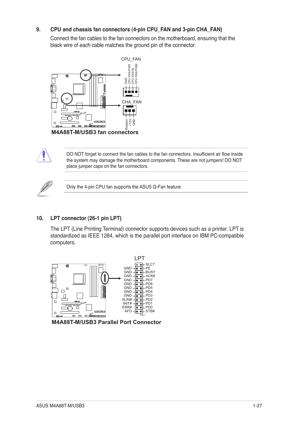 M4a88t-m/usb3 fan connectors, M4a88t-m/usb3 parallel port connector | Asus M4A88T-M/USB3 User Manual | Page 39 / 68