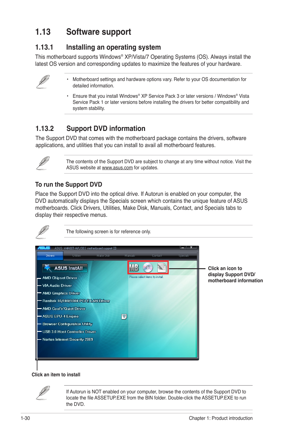 13 software support, 1 installing an operating system, 2 support dvd information | 13 software support -30 | Asus M4A88T-M/USB3 User Manual | Page 42 / 68