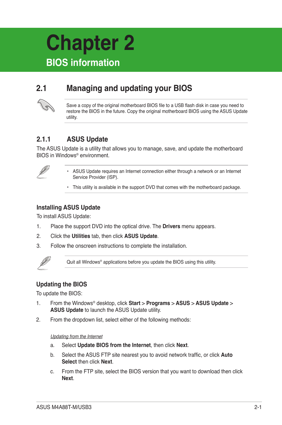 Chapter 2: bios information, 1 managing and updating your bios, 1 asus update | Bios information, Managing and updating your bios -1 2.1.1, Asus update -1, Chapter 2 | Asus M4A88T-M/USB3 User Manual | Page 43 / 68