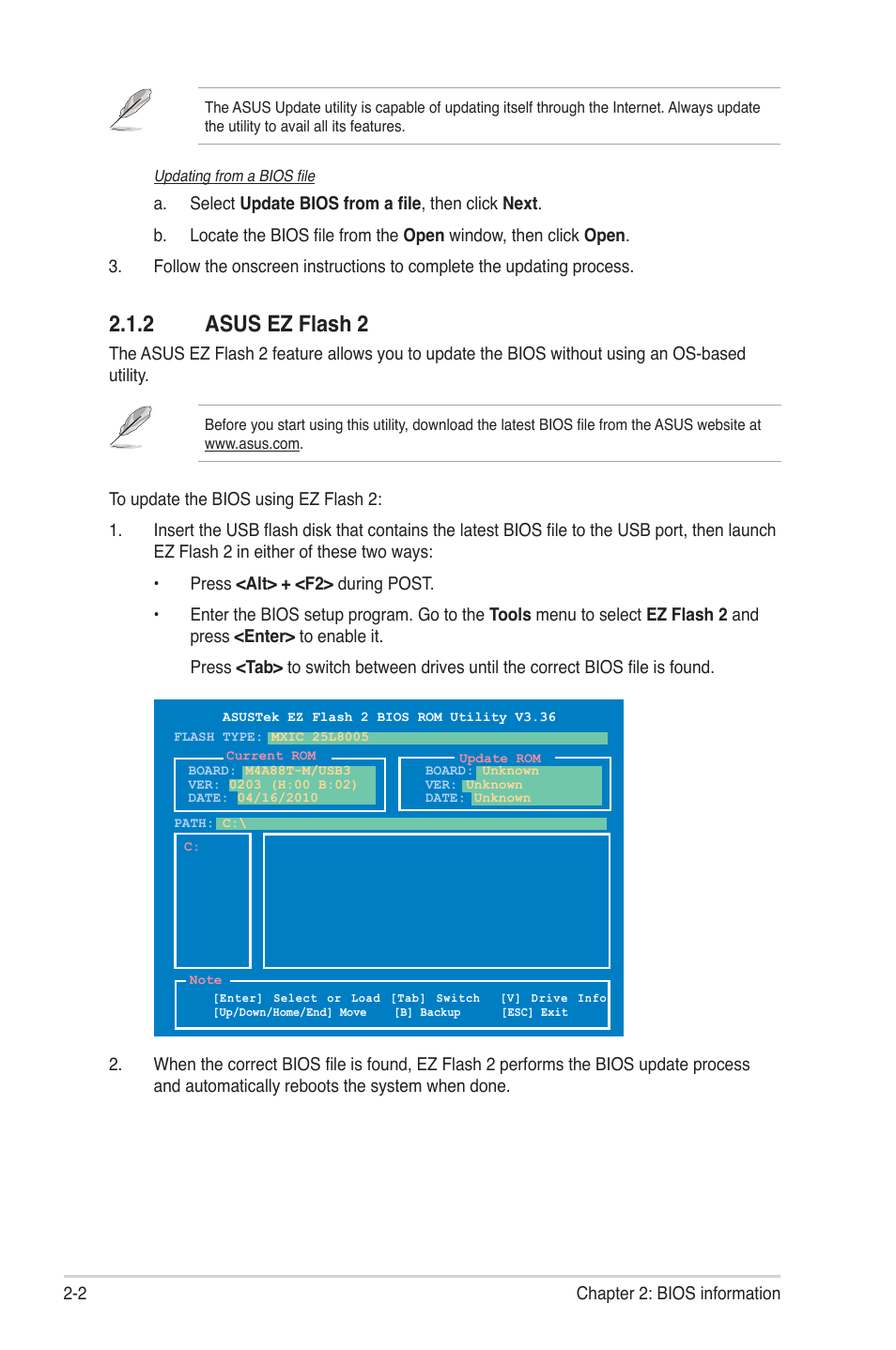 2 asus ez flash 2, Asus ez flash 2 -2 | Asus M4A88T-M/USB3 User Manual | Page 44 / 68