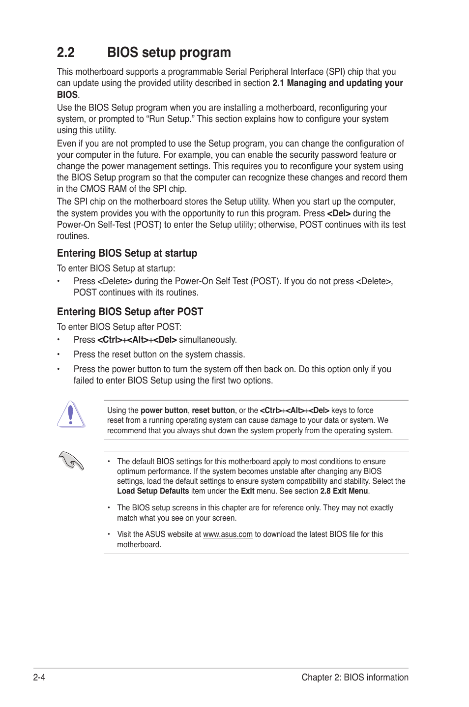 2 bios setup program, Bios setup program -4 | Asus M4A88T-M/USB3 User Manual | Page 46 / 68