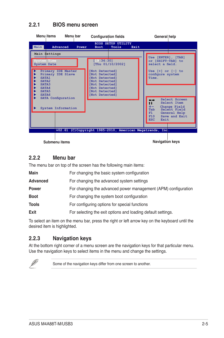 1 bios menu screen, 2 menu bar, 3 navigation keys | Bios menu screen -5, Menu bar -5, Navigation keys -5, 1 bios menu screen 2.2.2 menu bar | Asus M4A88T-M/USB3 User Manual | Page 47 / 68