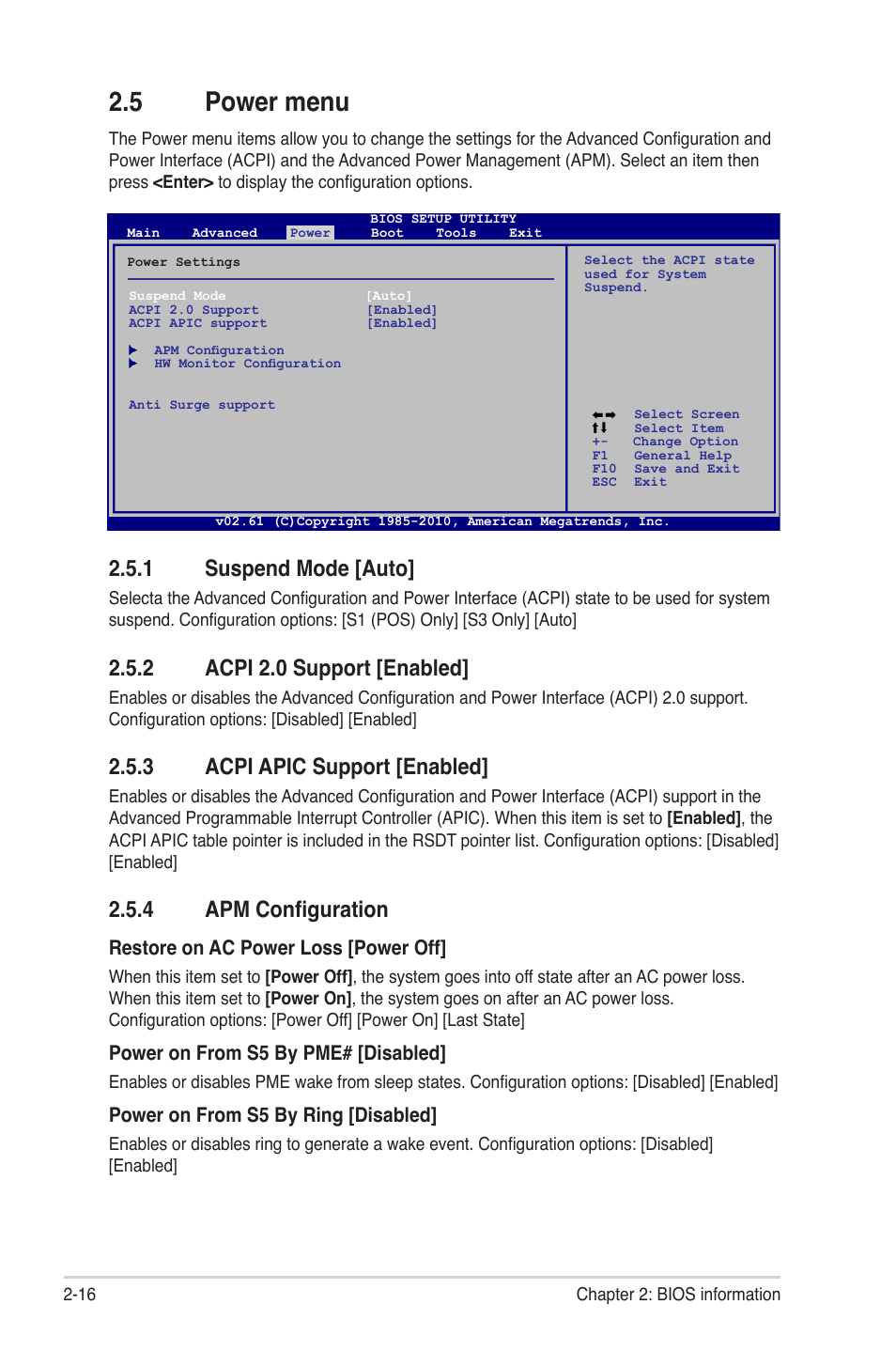 5 power menu, 1 suspend mode, 2 acpi 2.0 support | 3 acpi apic support, 4 apm configuration, Power menu -16 2.5.1, Suspend mode -16, Acpi 2.0 support -16, Acpi apic support -16, Apm configuration -16 | Asus M4A88T-M/USB3 User Manual | Page 58 / 68