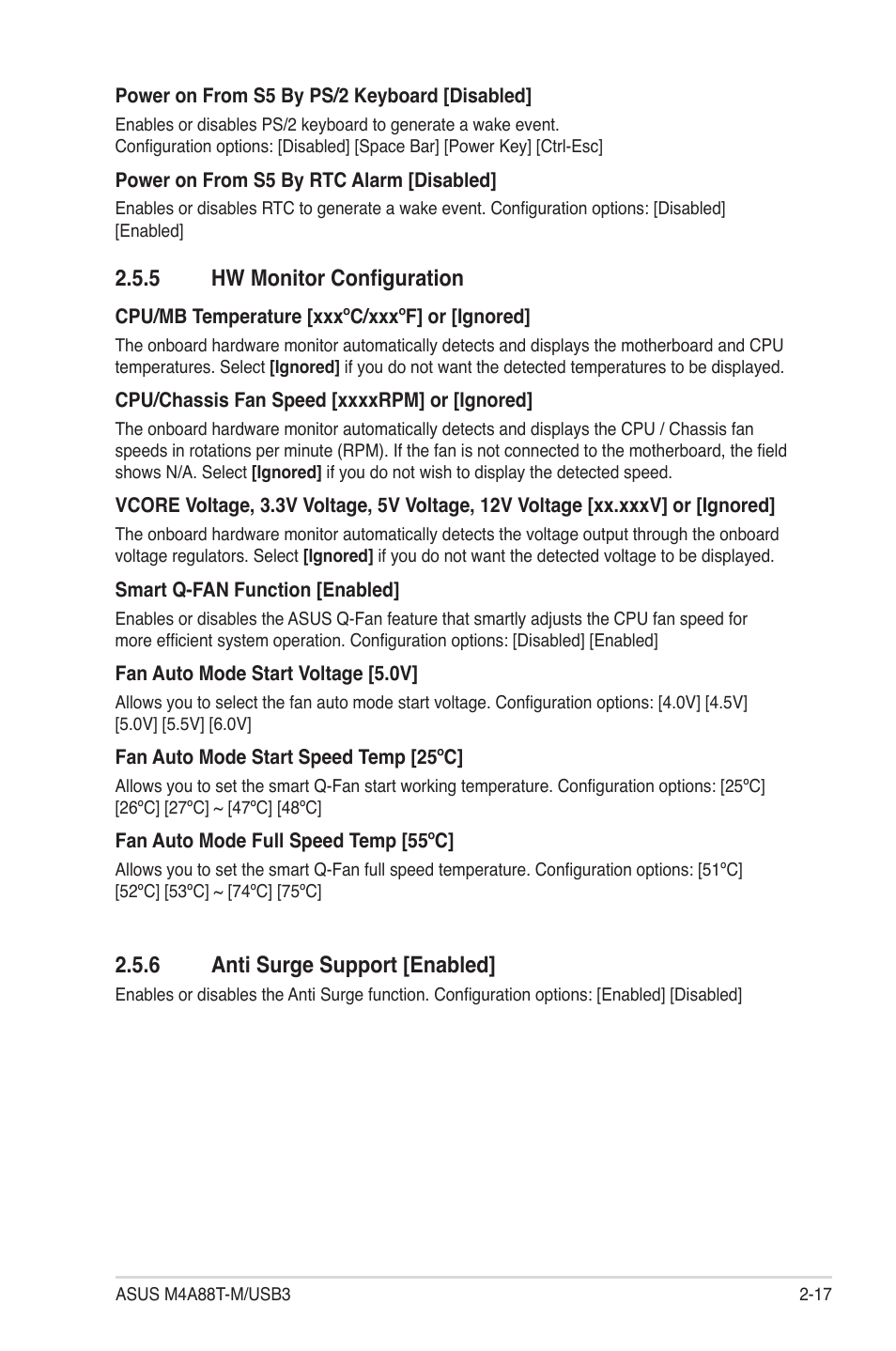 5 hw monitor configuration, 6 anti surge support, Hw monitor configuration -17 | Anti surge support -17, 6 anti surge support [enabled | Asus M4A88T-M/USB3 User Manual | Page 59 / 68