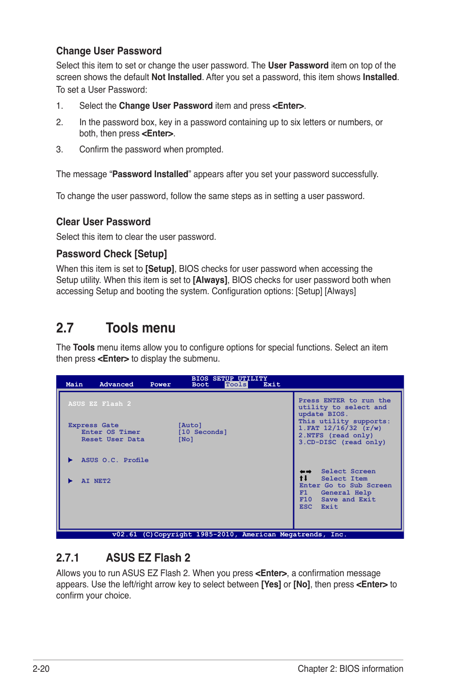 7 tools menu, 1 asus ez flash 2, Tools menu -20 2.7.1 | Asus ez flash 2 -20, Change user password, Clear user password, Password check [setup | Asus M4A88T-M/USB3 User Manual | Page 62 / 68