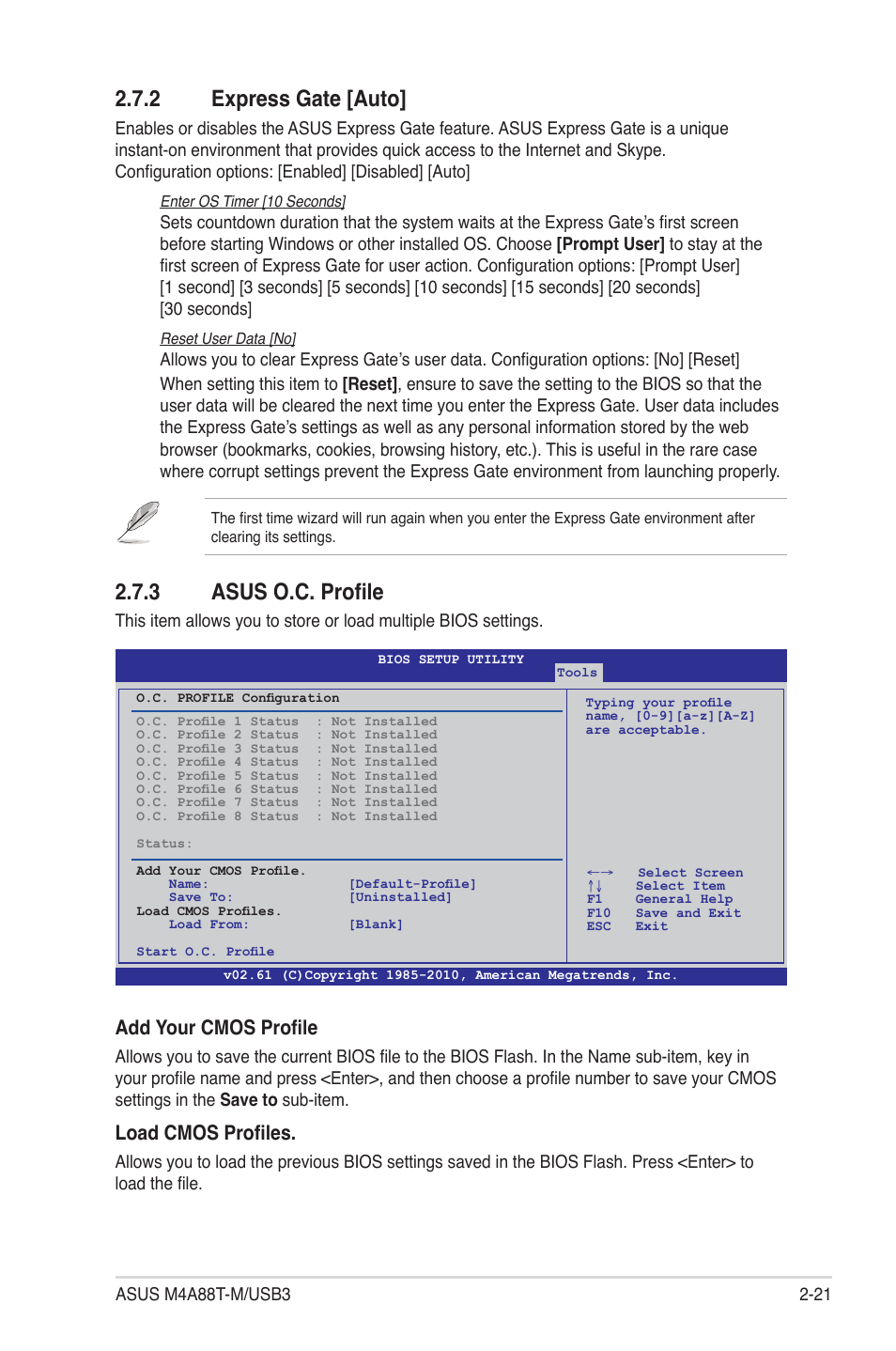 2 express gate, 3 asus o.c. profile, Express gate -21 | Asus o.c. profile -21, 2 express gate [auto, Add your cmos profile, Load cmos profiles | Asus M4A88T-M/USB3 User Manual | Page 63 / 68