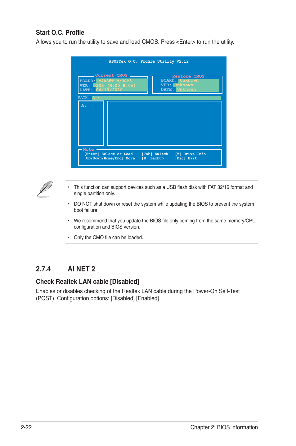 4 ai net 2, Ai net 2 -22, Check realtek lan cable [disabled | Start o.c. profile | Asus M4A88T-M/USB3 User Manual | Page 64 / 68