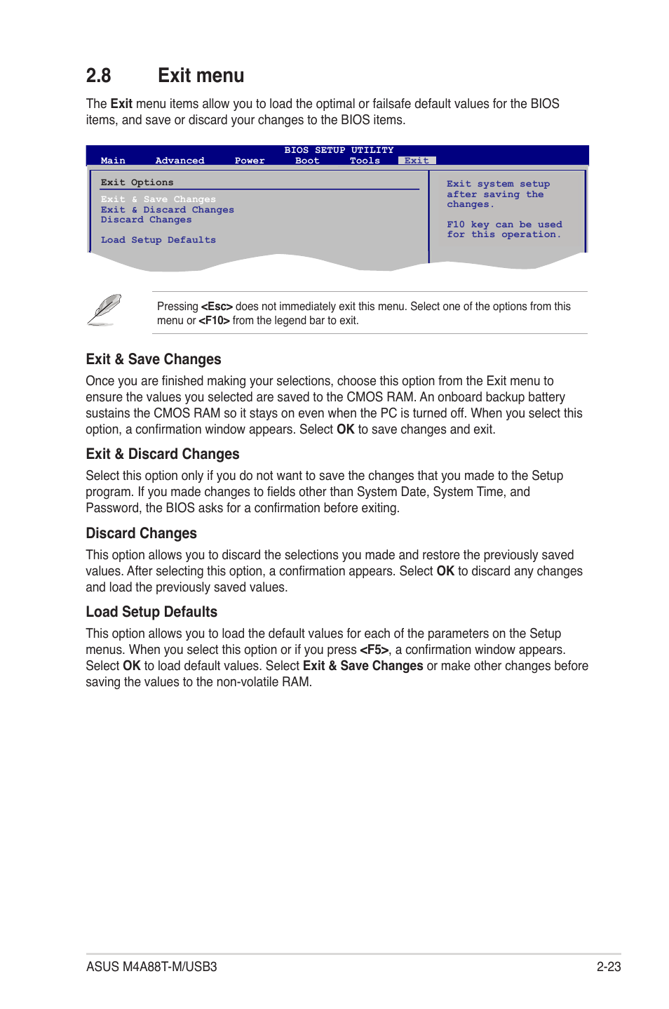 8 exit menu, Exit menu -23, Exit & save changes | Exit & discard changes, Discard changes, Load setup defaults | Asus M4A88T-M/USB3 User Manual | Page 65 / 68