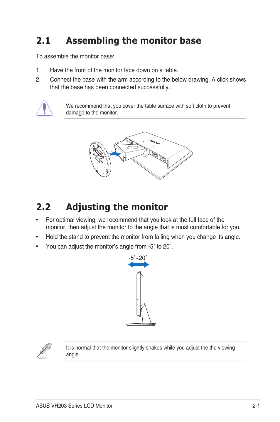 1 assembling the monitor base, 2 adjusting the monitor | Asus VH203T User Manual | Page 11 / 24