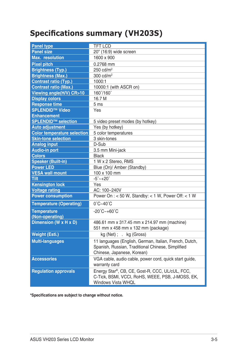 Specifications summary (vh203s) | Asus VH203T User Manual | Page 19 / 24