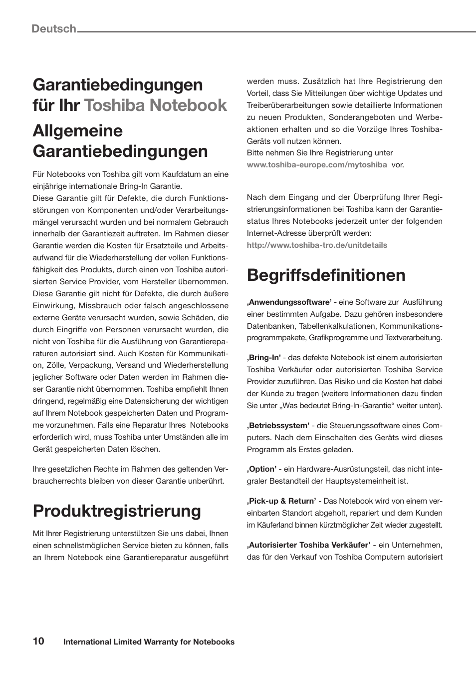 Deutsch, Produktregistrierung, Begriffsdefinitionen | Toshiba Satellite Pro U300 User Manual | Page 10 / 191