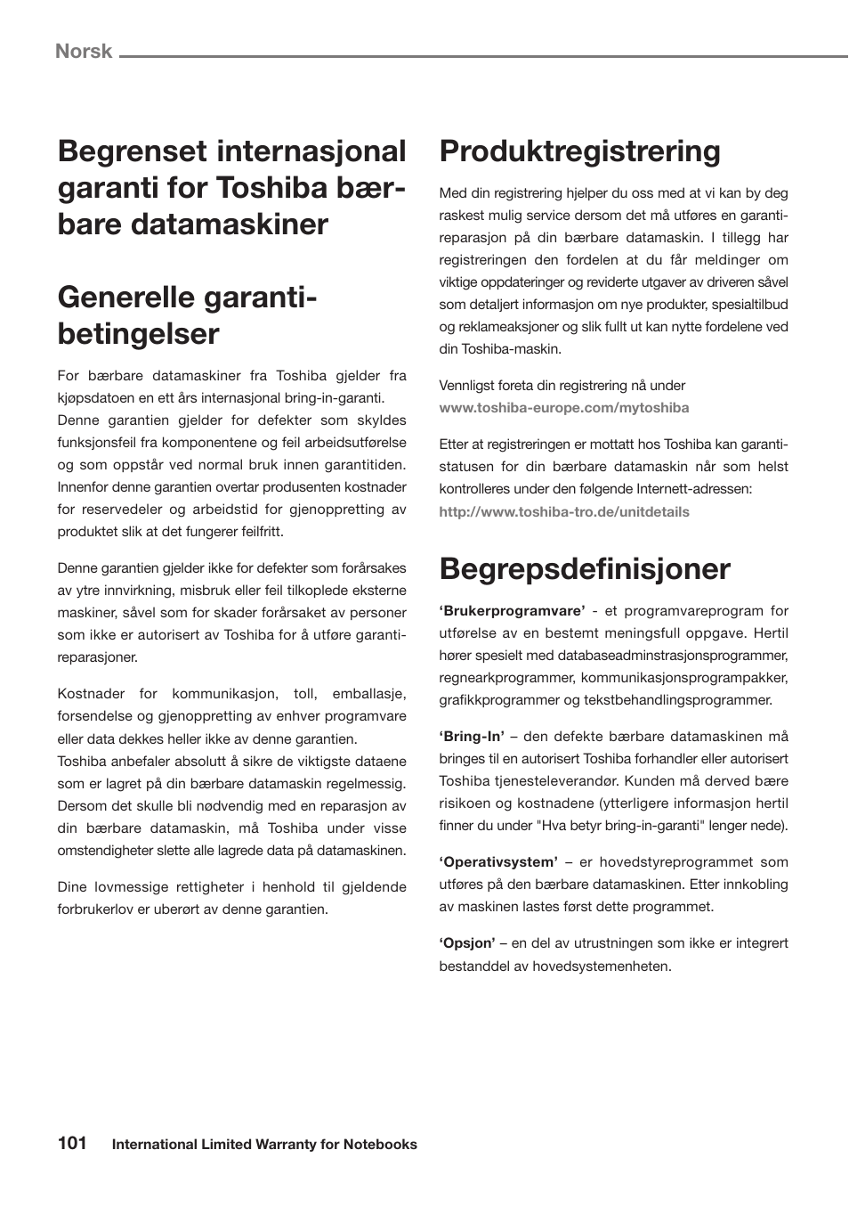 Norsk, Produktregistrering, Begrepsdefinisjoner | Toshiba Satellite Pro U300 User Manual | Page 101 / 191