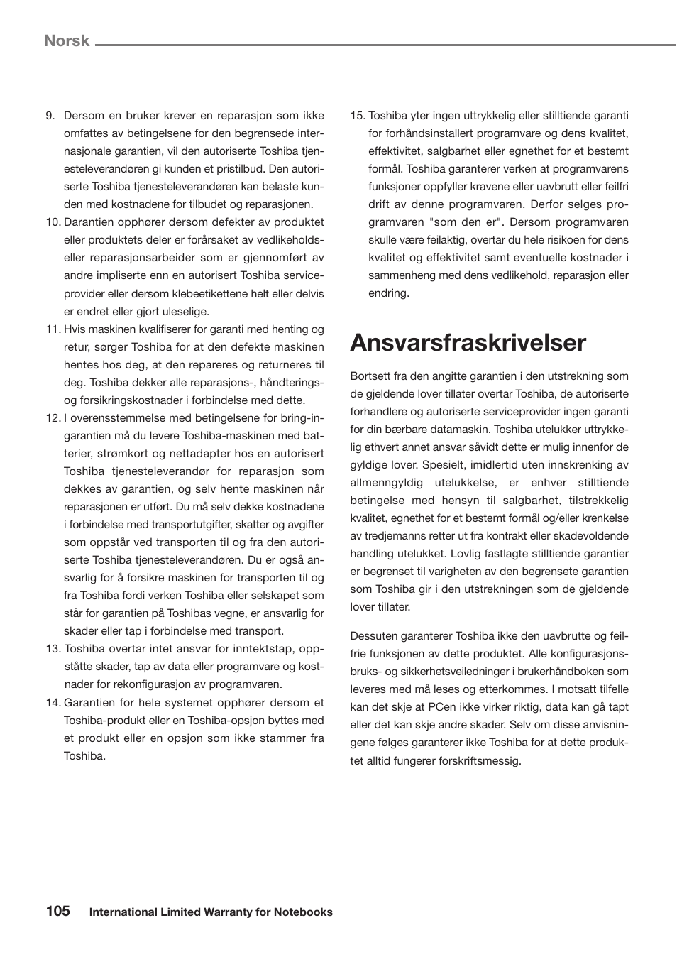 Ansvarsfraskrivelser, Norsk | Toshiba Satellite Pro U300 User Manual | Page 105 / 191