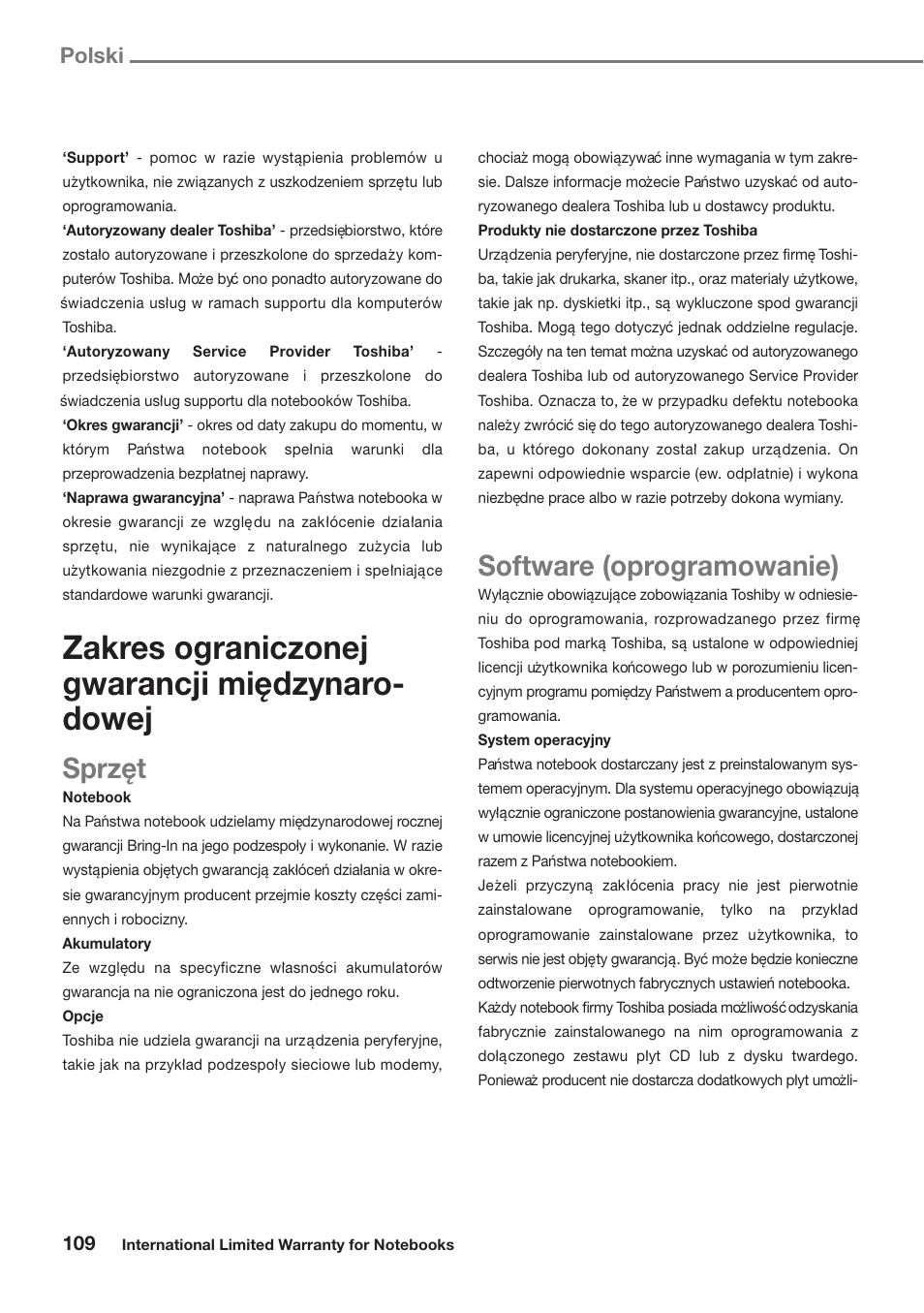 Zakres ograniczonej gwarancji mie˛dzynaro- dowej, Sprze˛t, Software (oprogramowanie) | Polski | Toshiba Satellite Pro U300 User Manual | Page 109 / 191